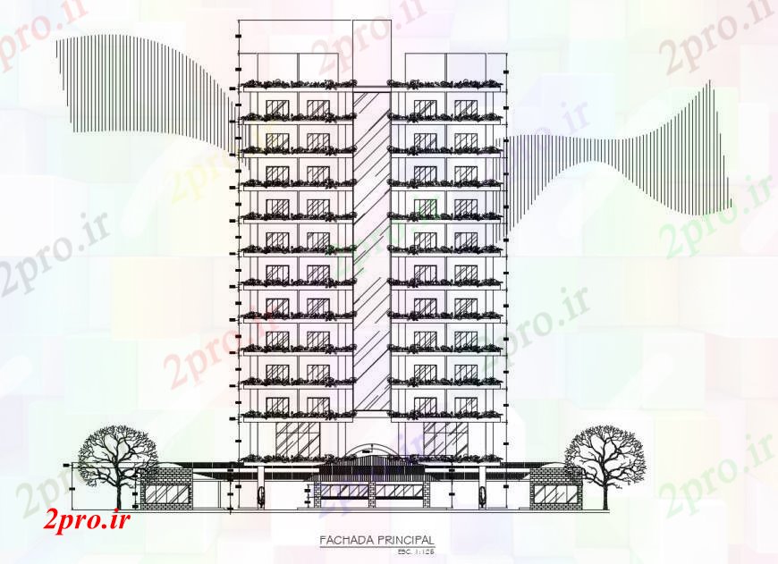 دانلود نقشه ساختمان اداری - تجاری - صنعتی مرکز تجاری نما اصلی در خودکار 41 در 60 متر (کد111642)