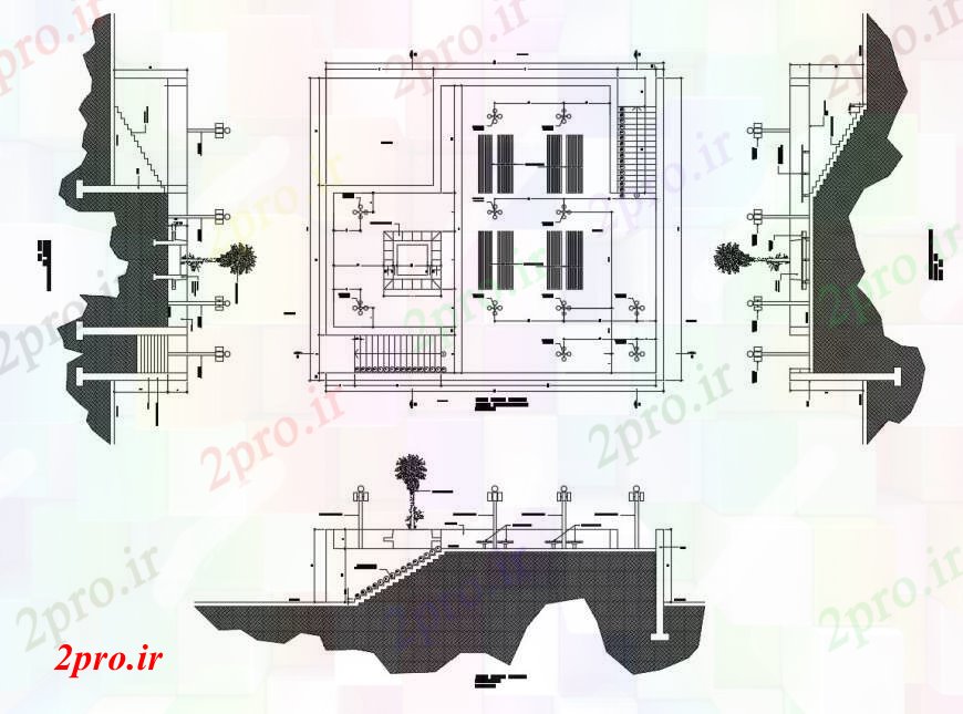 دانلود نقشه باغ ضمیمه نما طرحی پارک و نمای جانبی 16 در 17 متر (کد111646)