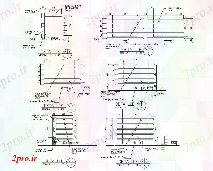 دانلود نقشه جزئیات ساخت و ساز لوله های فلزی با پشتیبانی پرتو در نما های مختلف در  اتوکد (کد111731)