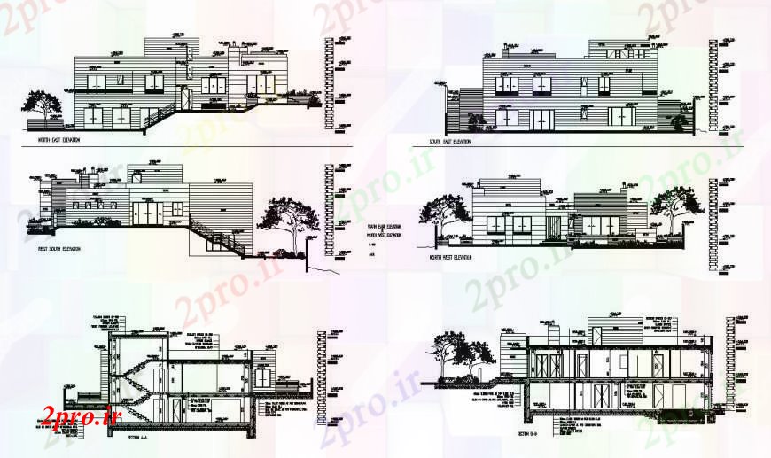 دانلود نقشه مسکونی ، ویلایی ، آپارتمان خانه های ویلایی نما محور های مختلف و بخش در خودکار 18 در 23 متر (کد111735)