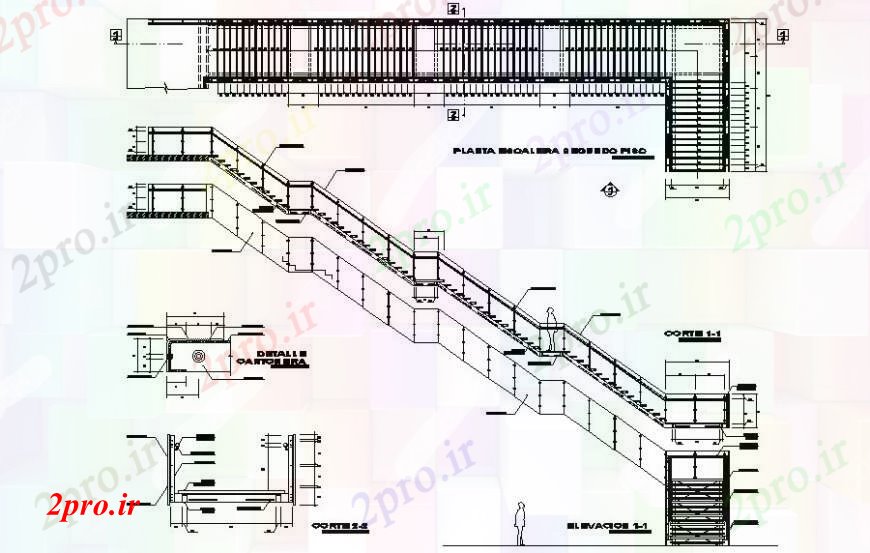 دانلود نقشه جزئیات پله و راه پله نما و طرحی راه پله سایبان دو بعدی 6 در 23 متر (کد111781)