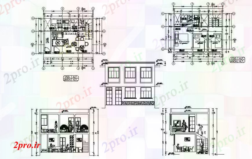 دانلود نقشه مسکونی ، ویلایی ، آپارتمان مسکن مسکونی طرحی واحد نما و بخش 5 در 7 متر (کد111793)