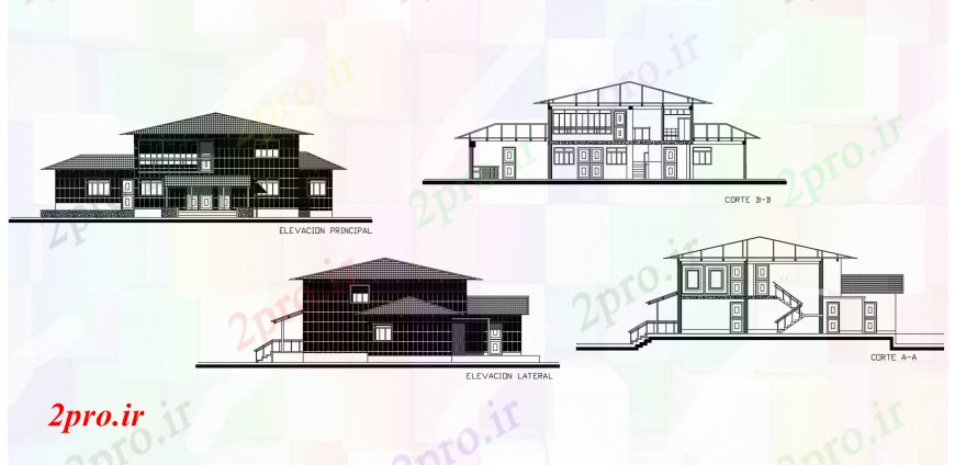 دانلود نقشه مسکونی  ، ویلایی ، آپارتمان  نما خانه های ویلایی و  محور بخش های مختلف  (کد111840)