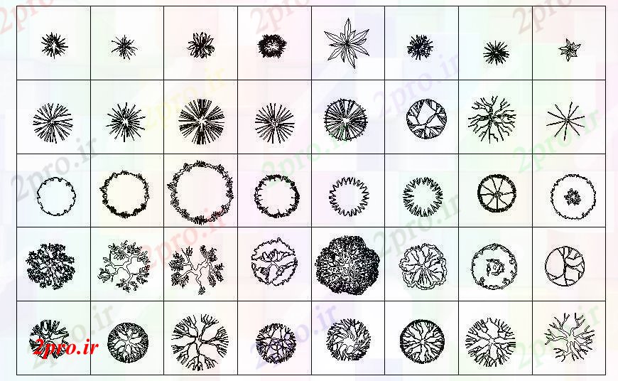 دانلود نقشه درختان و گیاهان نما از بلوک های محوطه سازی  دو بعدی   (کد112004)
