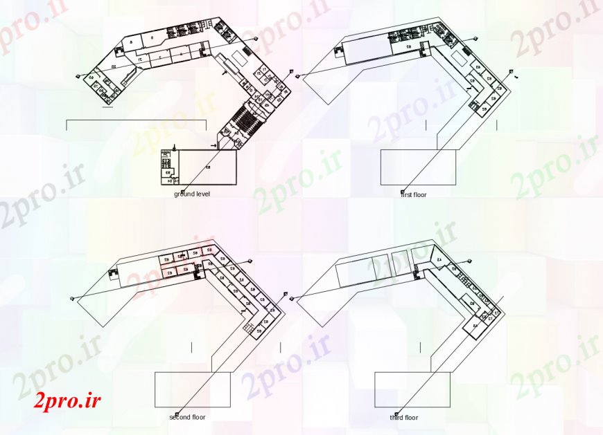 دانلود نقشه هتل - رستوران - اقامتگاه زمین به طرحی طبقه سوم هتل در خودکار 66 در 81 متر (کد112070)