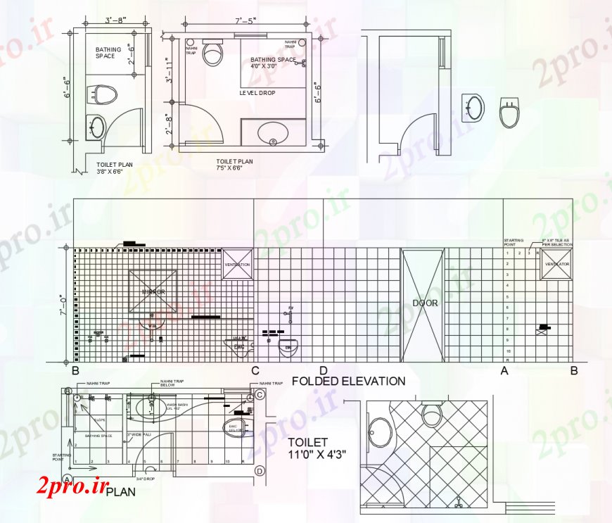 دانلود نقشه حمام مستر طرحی توالت با نما خورده در خودکار 9 در 10 متر (کد112094)