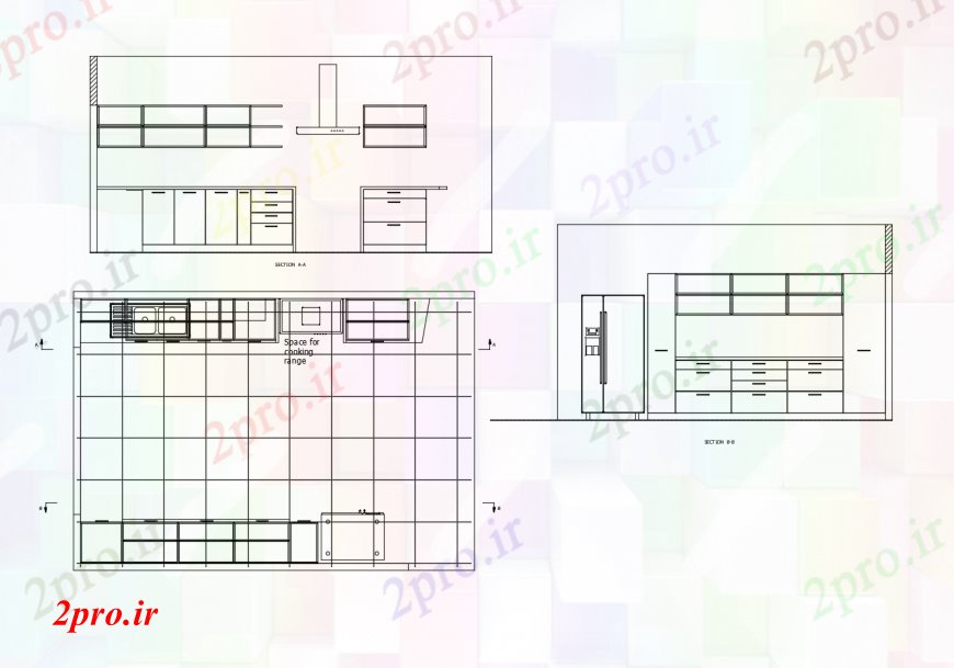 دانلود نقشه آشپزخانه طرحی و بخش آشپزخانه در خودکار 4 در 5 متر (کد112103)