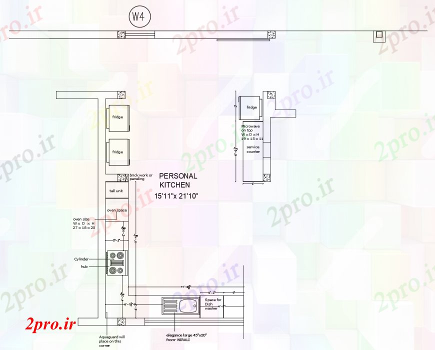 دانلود نقشه آشپزخانه آشپزخانه طرحی شخصی در اتوکد 4 در 7 متر (کد112104)