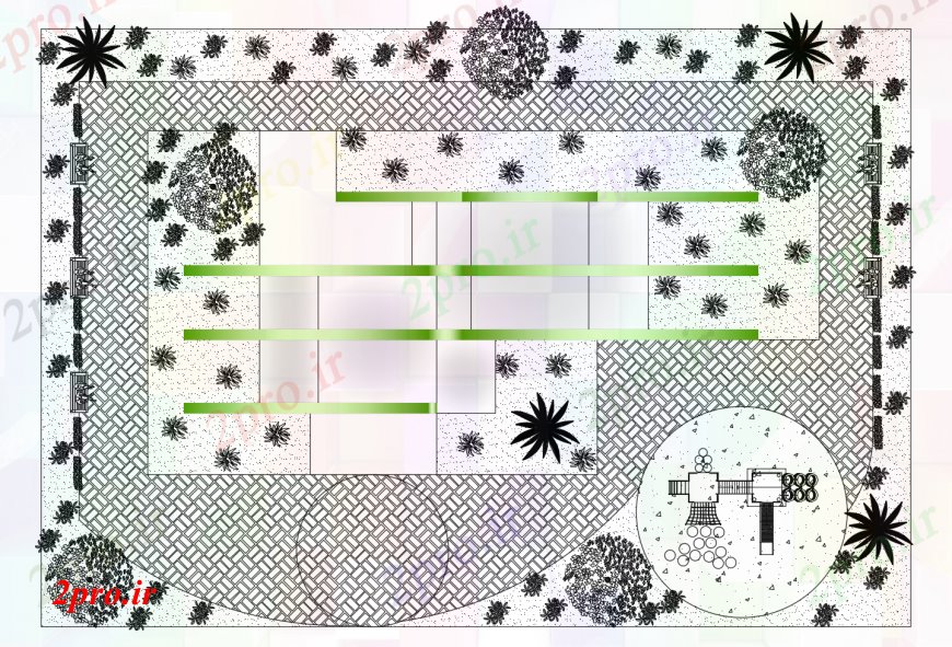 دانلود نقشه باغ طرحی مشترک باغ در خودکار 14 در 27 متر (کد112110)