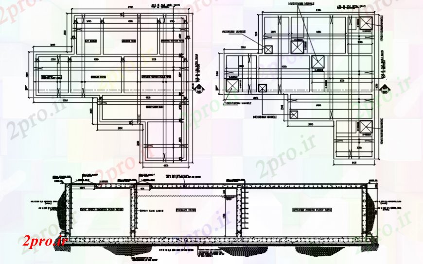 دانلود نقشه جزئیات ساخت و ساز زیر زمین ساخت و ساز مخزن طرحی و نما 13 در 14 متر (کد112184)