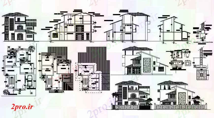 دانلود نقشه مسکونی ، ویلایی ، آپارتمان مسکن ویلا طراحی جزئیات دو بعدی پلان کار اتوکد نما 10 در 14 متر (کد112258)