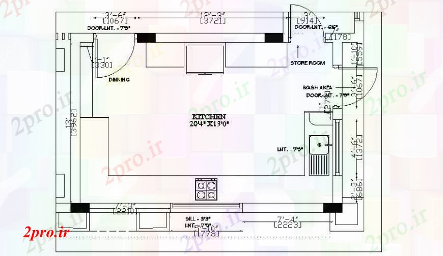 دانلود نقشه آشپزخانه نقشه های دو بعدی از آشپزخانه اتوکد 5 در 7 متر (کد112412)