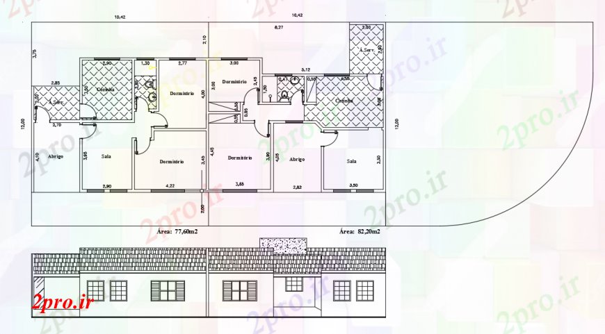 دانلود نقشه مسکونی ، ویلایی ، آپارتمان مسکونی طرحی خانه و نمای جانبی نمای 10 در 21 متر (کد112468)