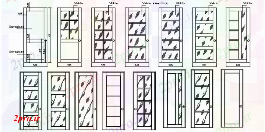 دانلود نقشه جزئیات طراحی در و پنجره  درب شیشه ای طرحی بلوک های مختلف (کد112499)