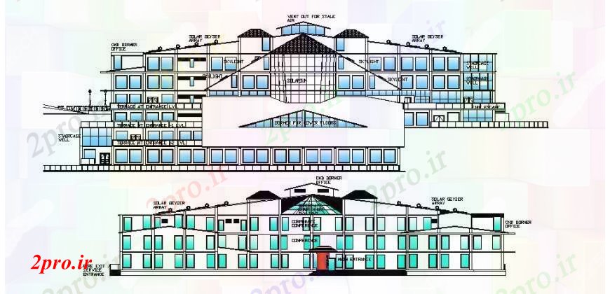 دانلود نقشه هتل - رستوران - اقامتگاه هتل نما های مختلف 22 در 73 متر (کد112576)