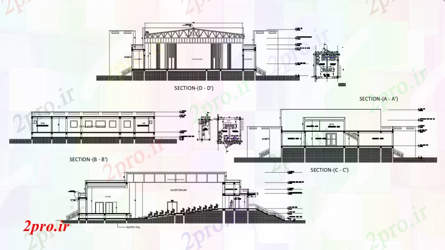 دانلود نقشه تئاتر چند منظوره - سینما - سالن کنفرانس - سالن همایشجزئیات همه طرف مقطعی از ساختمان سالن سالن 36 در 36 متر (کد112658)