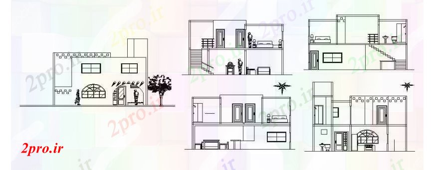 دانلود نقشه مسکونی  ، ویلایی ، آپارتمان  نما از خانه های ویلایی در محور های مختلف  های اتوکد (کد112663)