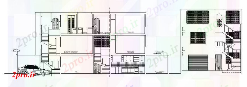 دانلود نقشه هتل - رستوران - اقامتگاه نما هتل و نمای جانبی 16 در 79 متر (کد112670)