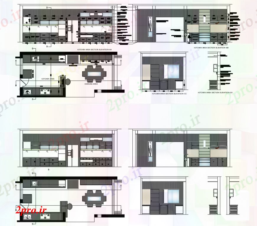 دانلود نقشه آشپزخانه آشپزخانه نما، بخش و طراحی جزئیات با مبلمان  (کد112689)