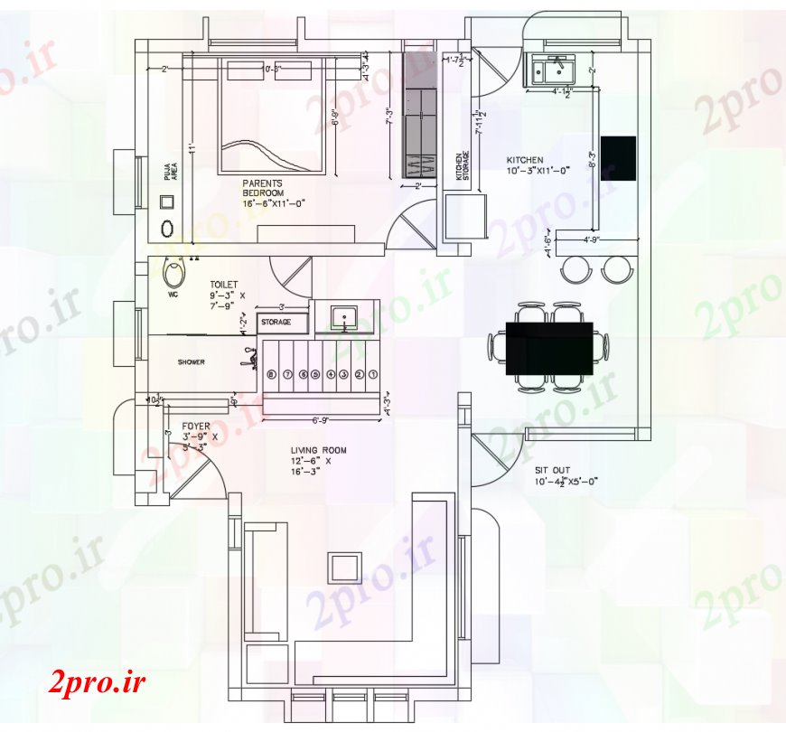 دانلود نقشه مسکونی ، ویلایی ، آپارتمان یک اتاق خواب طرحی معماری خانه طرحی 4 در 8 متر (کد112691)