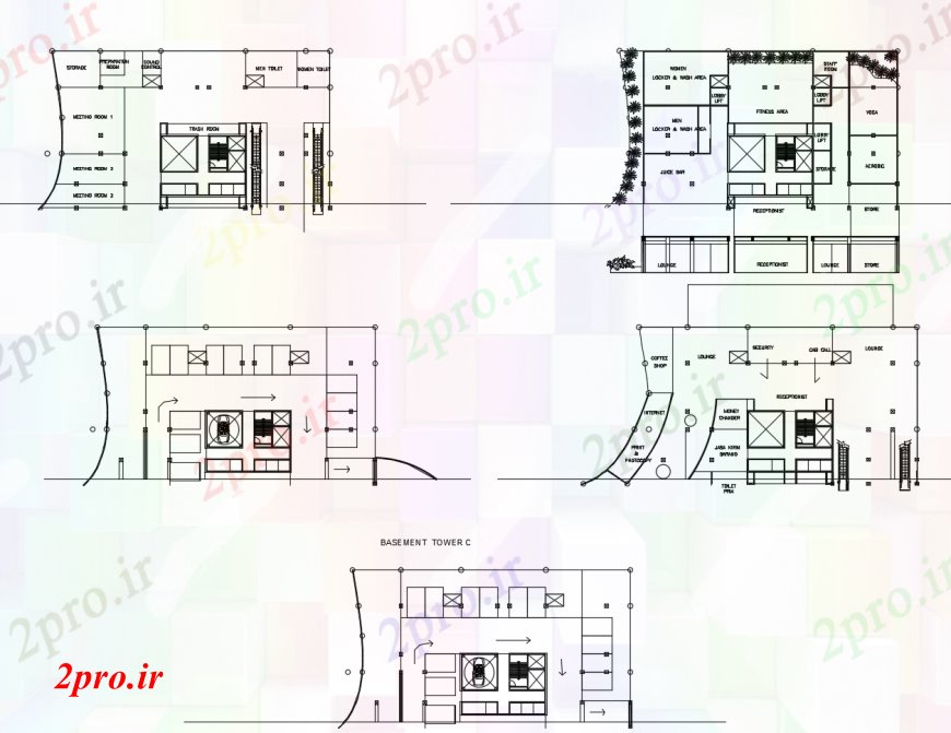 دانلود نقشه ساختمان اداری - تجاری - صنعتی زیرزمین و توزیع طرحی طبقه جزئیات ساختمان شرکت های بزرگ برج 26 در 45 متر (کد112797)