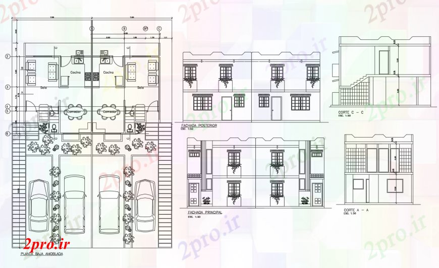 دانلود نقشه مسکونی ، ویلایی ، آپارتمان دو طبقه نما خانه های مسکونی، بخش و طراحی های 6 در 8 متر (کد112811)