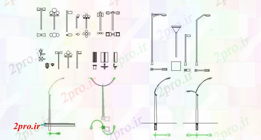 دانلود نقشه اتوماسیون و نقشه های برق خلاق چراغ های خیابانی متعدد و بلوک های نور قطب  (کد112817)