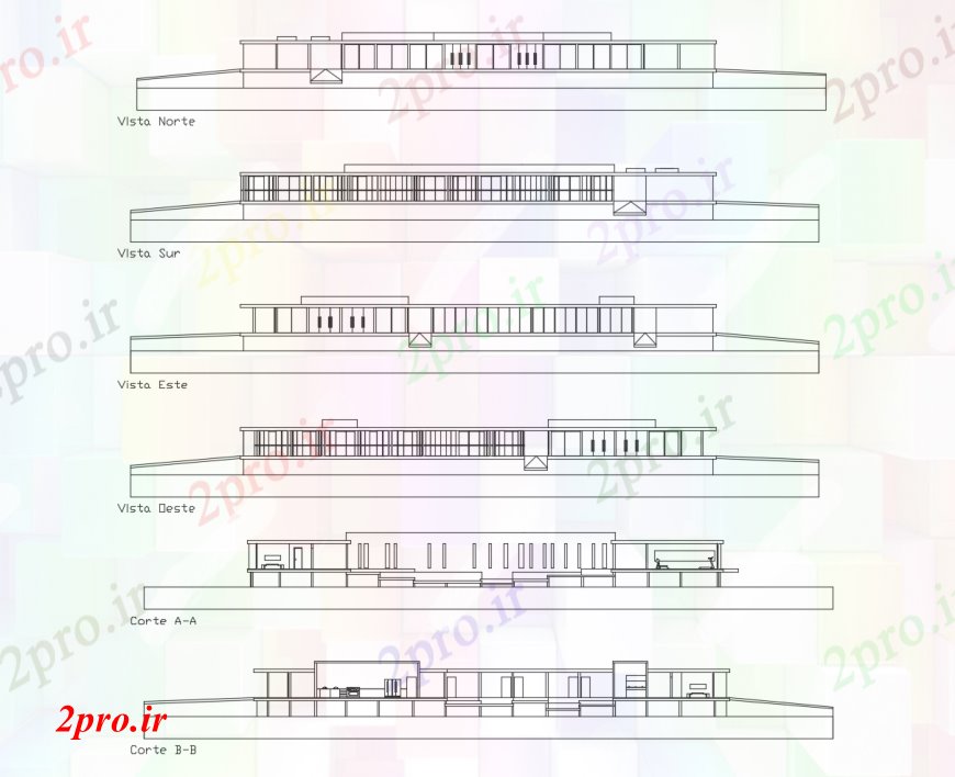 دانلود نقشه هتل - رستوران - اقامتگاه Hostel تمام نما طرفه و بخش 47 در 47 متر (کد112862)