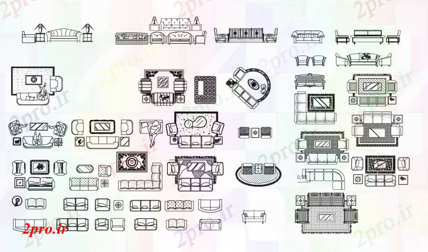 دانلود نقشه طراحی و مبلمان اتاقمبل های متعدد و بلوک های مبلمان اتاق نشیمن  (کد112879)