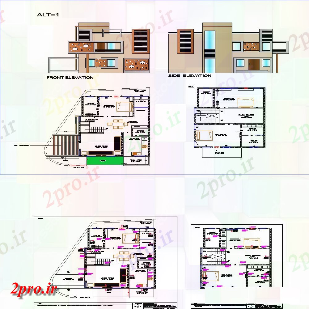 دانلود نقشه مسکونی ، ویلایی ، آپارتمان نما از خانه های ویلایی 8 در 11 متر (کد112880)