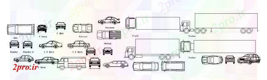 دانلود نقشه بلوک وسایل نقلیه طرحی و نما بلوک وسیله نقلیه  مختلف در  اتوکد (کد112942)