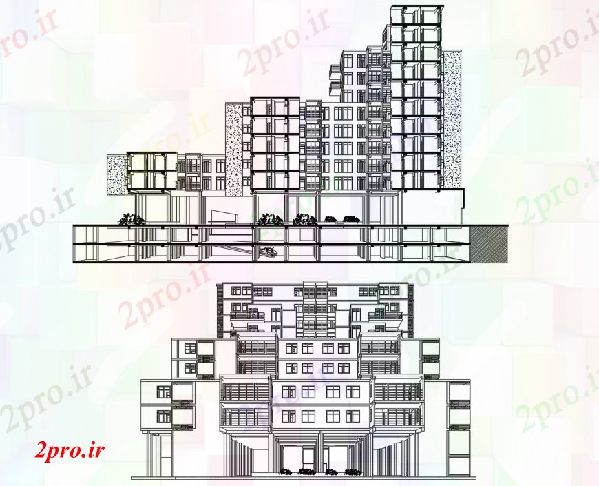 دانلود نقشه مسکونی  ، ویلایی ، آپارتمان  مسکن خانواده های متعدد ساخت نما جلو و بخش (کد113133)