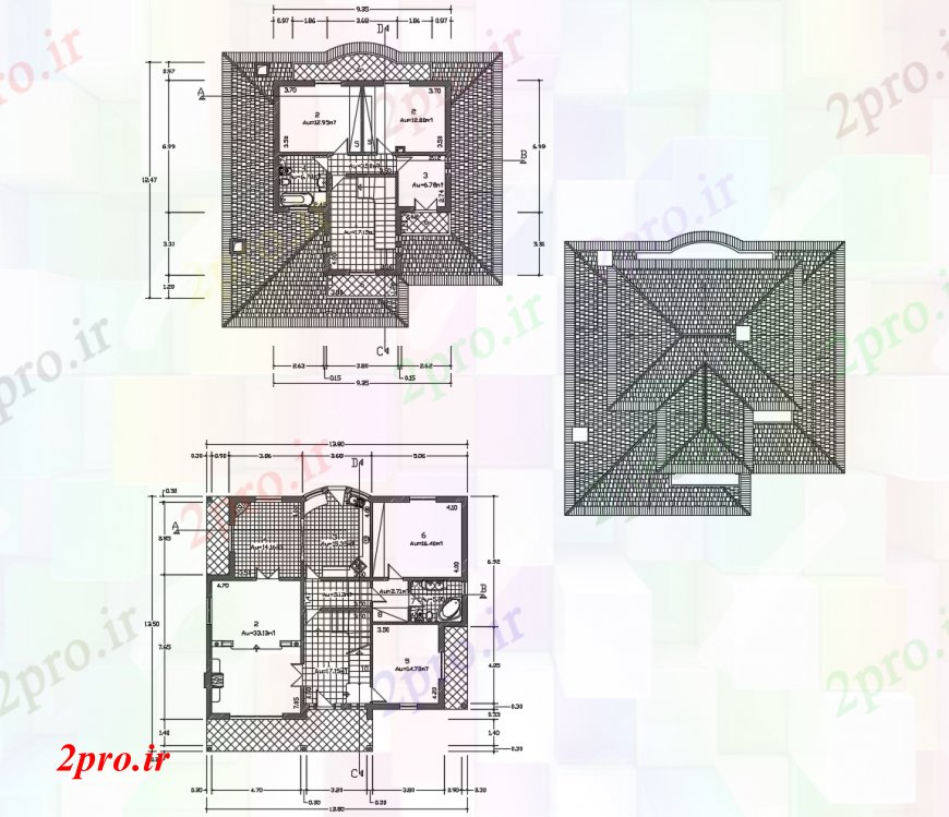 دانلود نقشه مسکونی ، ویلایی ، آپارتمان طرحی طبقه و نقشه پوشش جزئیات طراحی دو دان خانه 14 در 14 متر (کد113138)