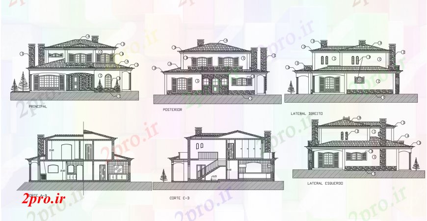 دانلود نقشه مسکونی ، ویلایی ، آپارتمان پرتغال دو طبقه خانه تمام نما و بخش طرفه جزئیات طراحی 13 در 14 متر (کد113139)