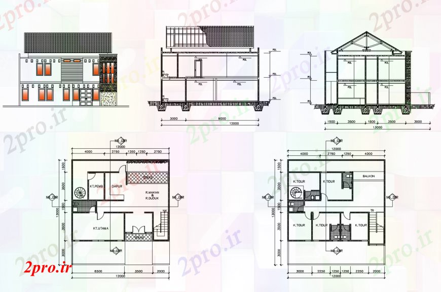 دانلود نقشه مسکونی ، ویلایی ، آپارتمان کوچک دو طبقه نما خانه، بخش و طرحی های 12 در 13 متر (کد113186)