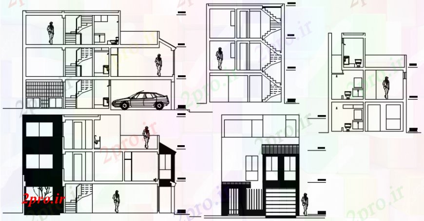 دانلود نقشه مسکونی ، ویلایی ، آپارتمان محور های مختلف نما و بخش خانه به 6 در 12 متر (کد113191)