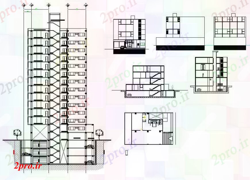 دانلود نقشه ساختمان مرتفعچند نما ساختمان طبقه و جزئیات مقطعی 21 در 21 متر (کد113199)