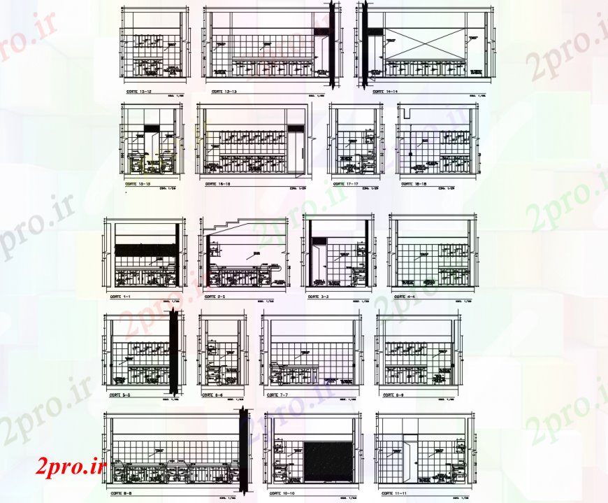 دانلود نقشه آشپزخانه آشپزخانه کوچک تمام جزئیات طراحی مقطعی با مبلمان طرفه (کد113398)