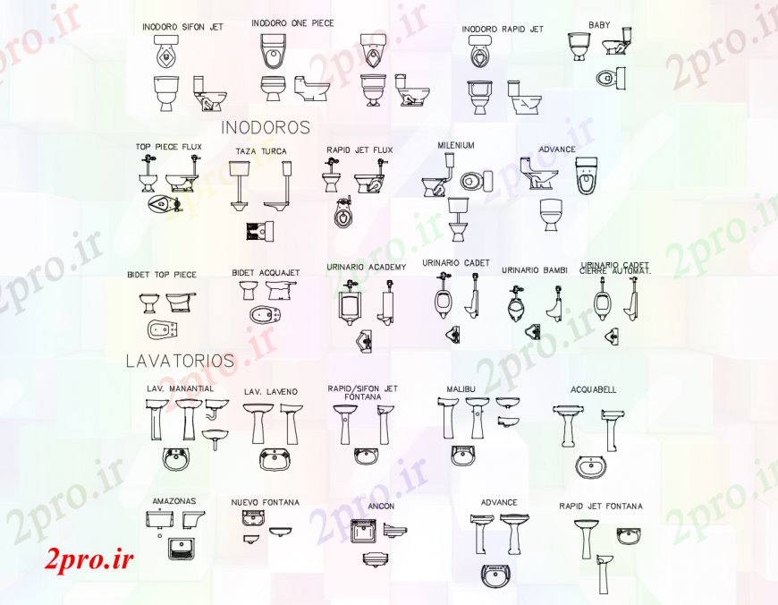 دانلود نقشه بلوک های بهداشتی غرق متعدد، ورق های توالت و بلوک ظروف بهداشتی  (کد113423)