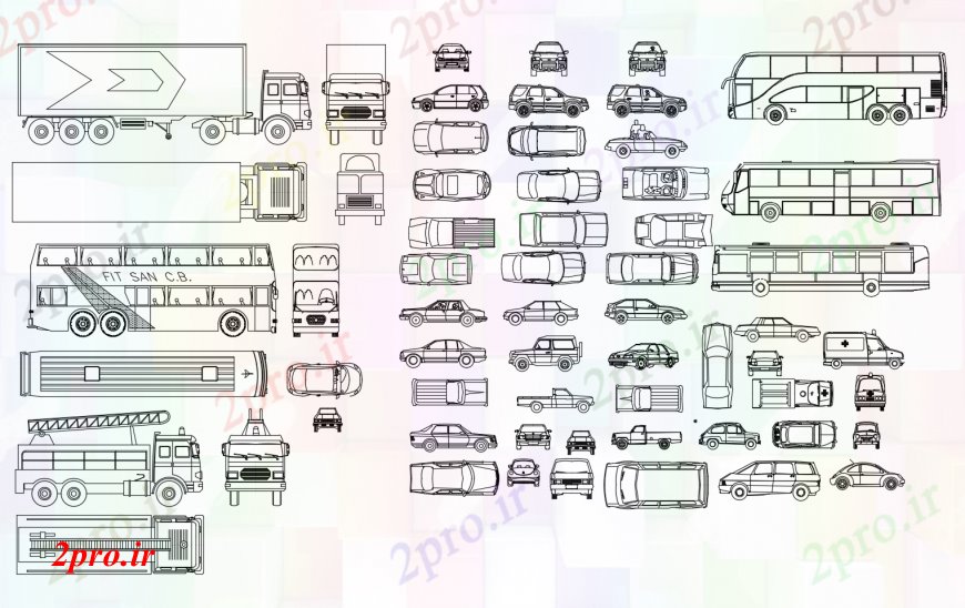 دانلود نقشه بلوک وسایل نقلیه بلوک های ماشین، اتوبوس و نما خودرو چندگانه  (کد113424)