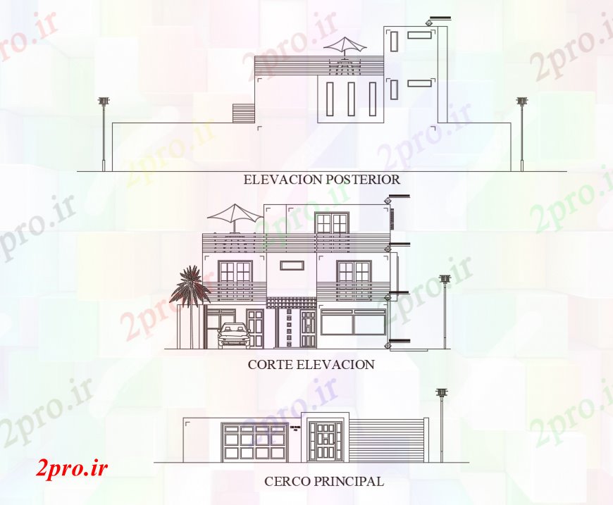 دانلود نقشه مسکونی ، ویلایی ، آپارتمان اصلی و پشت نما و نما دروازه جزئیات یک خانواده خانه 10 در 21 متر (کد113432)