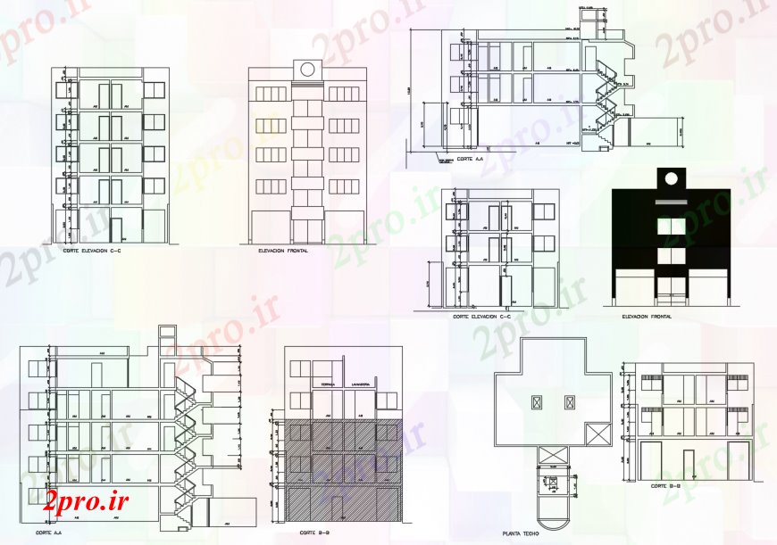 دانلود نقشه هتل - رستوران - اقامتگاه هتل چند طبقه ساخت تمام نماات طرفه و بخش 10 در 16 متر (کد113439)