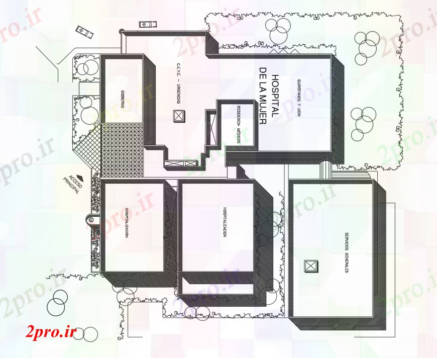 دانلود نقشه بیمارستان - درمانگاه - کلینیک ساختمان بیمارستان عمومی بالای صفحه مدل ایزومتریک طراحی جزئیات 78 در 86 متر (کد113448)