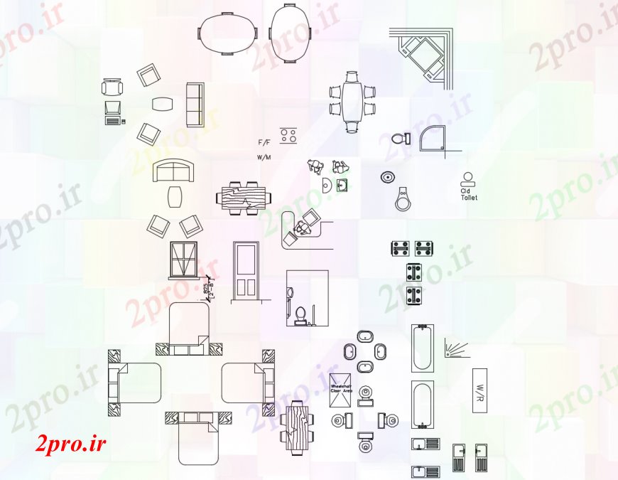 دانلود نقشه بلوک مبلمان مبلمان متعدد و بلوک های بهداشتی  (کد113484)