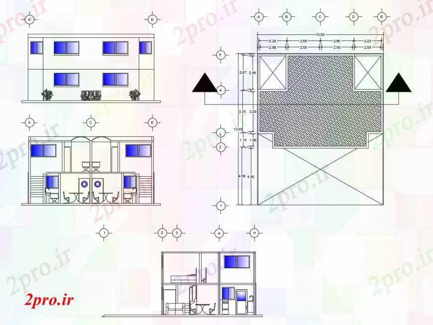 دانلود نقشه مسکونی ، ویلایی ، آپارتمان نما خانه دوبلکس، هر دو بخش و طرحی پوشش طرفه 10 در 12 متر (کد113502)