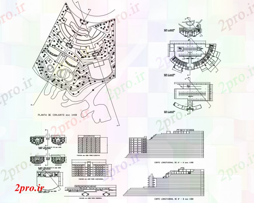 دانلود نقشه هایپر مارکت - مرکز خرید - فروشگاه چند دان ساختمان تجاری نما، بخش، طرحی طبقه و خودکار 60 در 104 متر (کد113543)