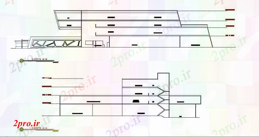 دانلود نقشه بیمارستان -  درمانگاه -  کلینیک جلو و جزئیات طراحی تماس مقطعی از بیمارستان چند سطح ساخت و ساز (کد113553)