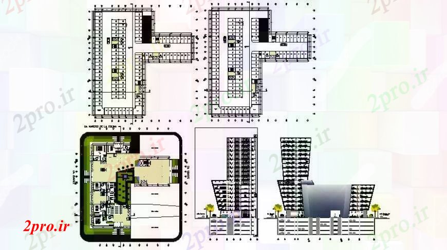 دانلود نقشه ساختمان مرتفعنقشه های دو بعدی جزئیات و چند دان بلند طرحی ساختمان و نما 34 در 74 متر (کد113600)
