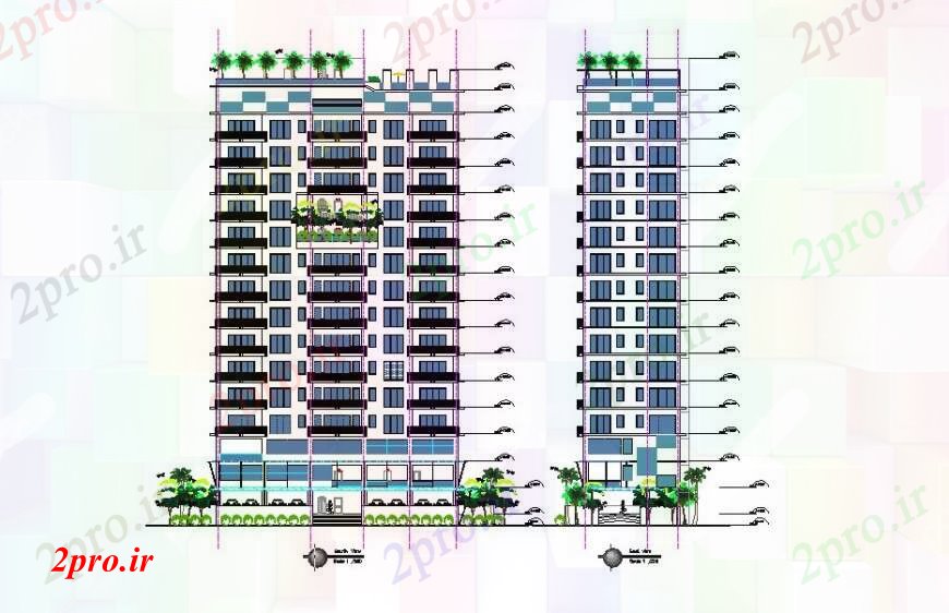دانلود نقشه ساختمان مرتفعبلند مفهوم ساختمان جزئیات نما 12 در 31 متر (کد113641)