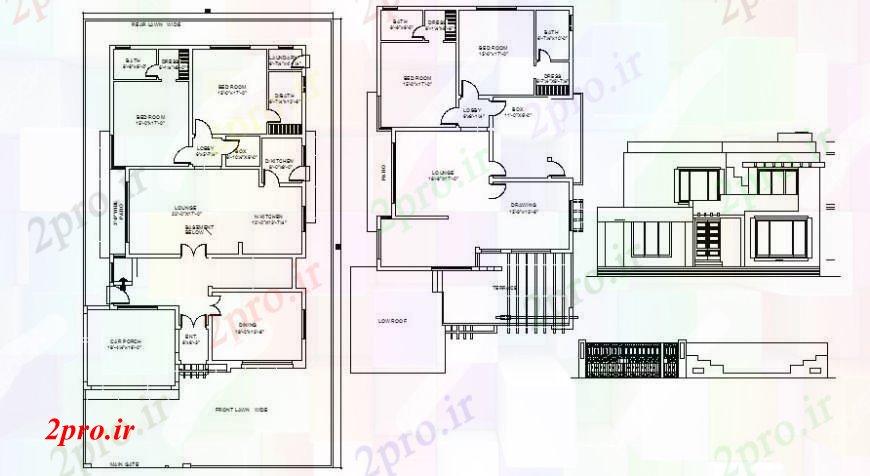 دانلود نقشه مسکونی ، ویلایی ، آپارتمان نقشه های دو بعدی جزئیات واحد مسکونی طرحی نما اتوکد 12 در 19 متر (کد113701)